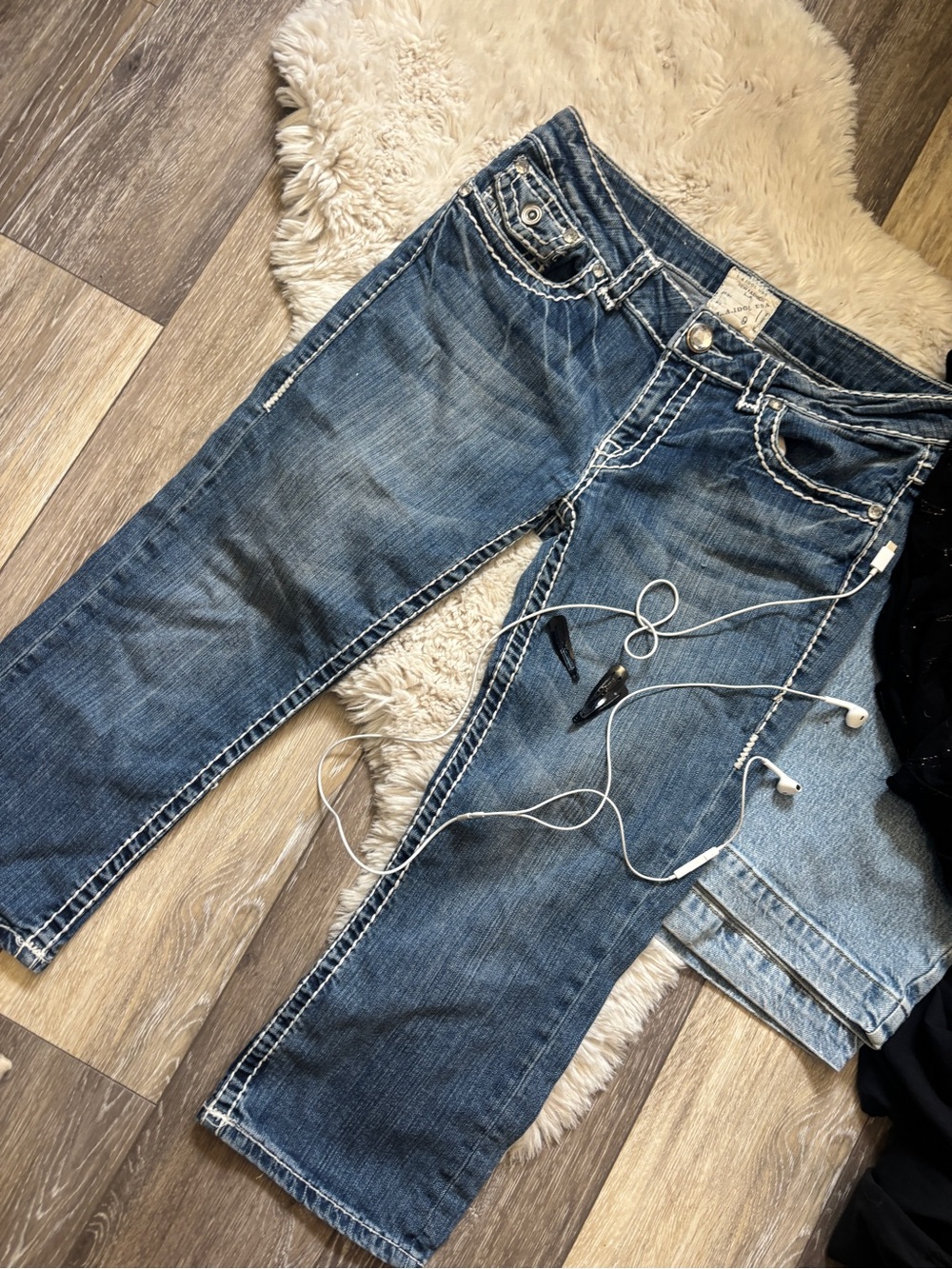 denim capris with white stitching and rhinestones American la idol